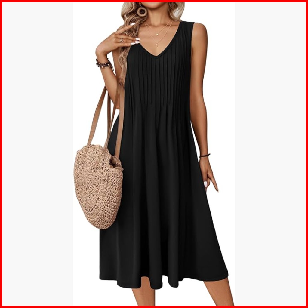 Sleeveless Midi Sundress With Pockets V-Neck A-Line Flowy Casual